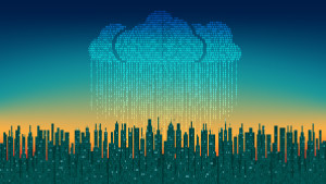 The city online. Abstract futuristic digital city, binary rain, cloud connected, high-tech background. Network digital technology concept cloud service